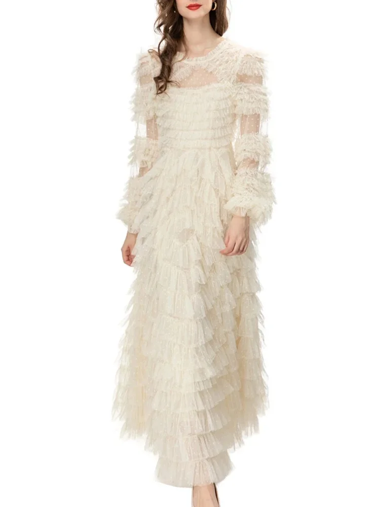 TWOTWINSTYLE Mesh Temperament Spliced Folds Women Formal Dresses