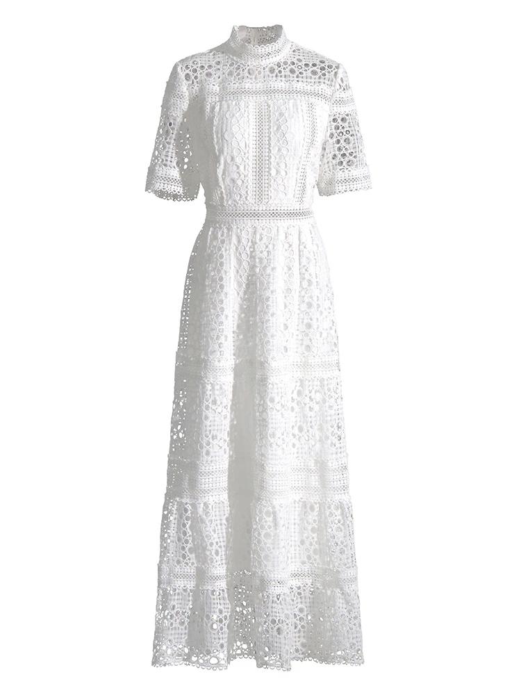TWOTWINSTYLE Solid Vintage Embroidery Cut Out Elegant Women Dress