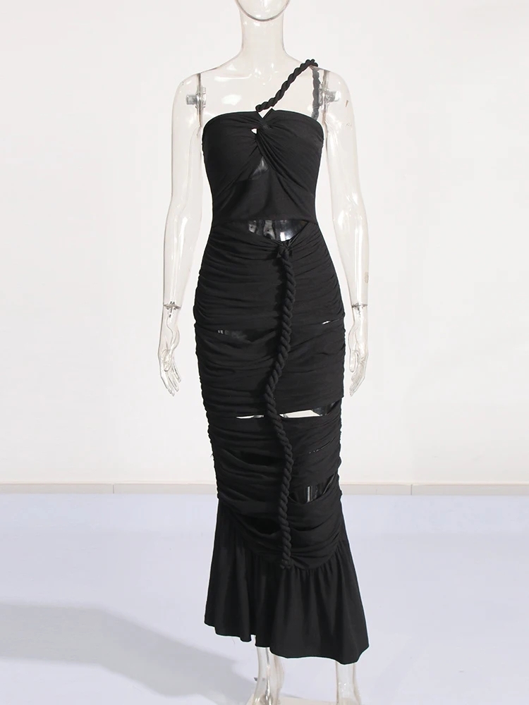 TWOTWINSTYLE Solid Patchwork Drawstring Hollow Out Slimming Sexy Women Dress