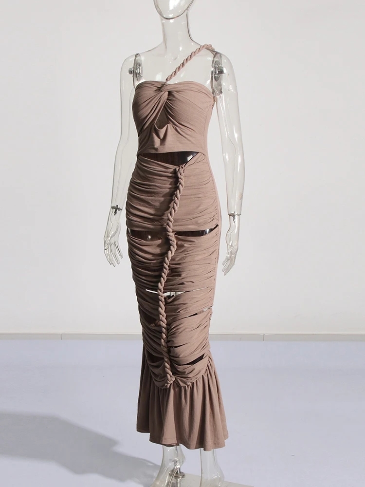 TWOTWINSTYLE Solid Patchwork Drawstring Hollow Out Slimming Sexy Women Dress