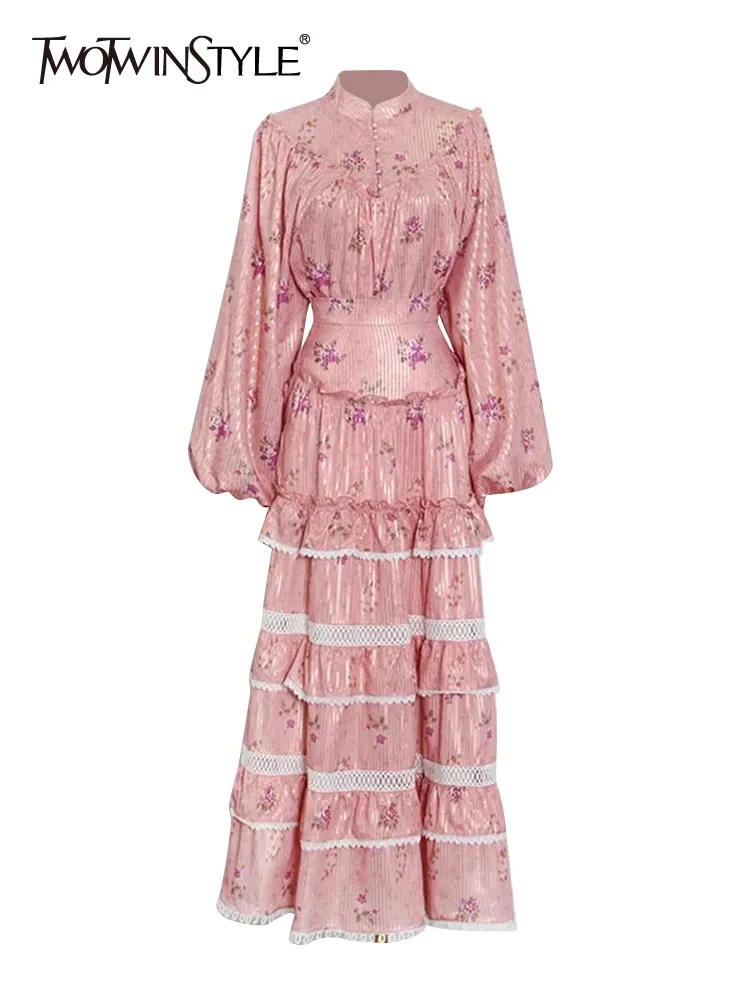 TWOTWINSTYLE Sweet Colorblock Printing Patchwork Lace Women Two Piece Sets
