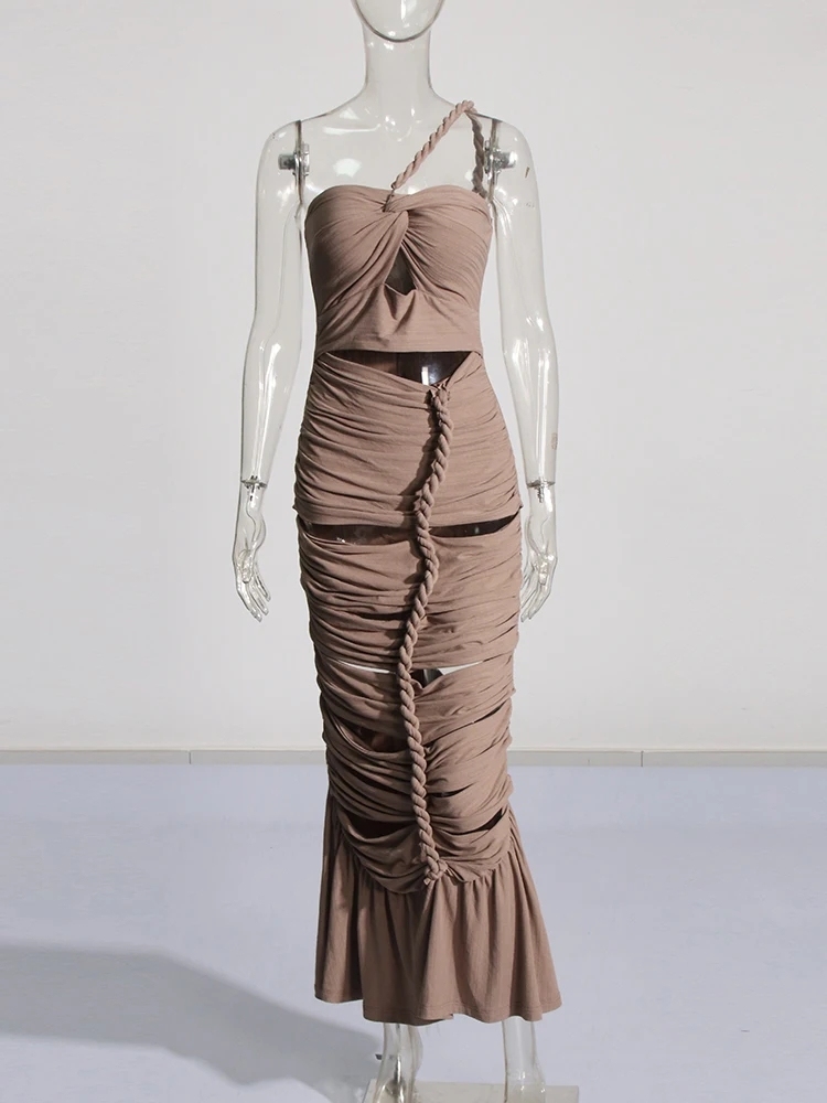 TWOTWINSTYLE Solid Patchwork Drawstring Hollow Out Slimming Sexy Women Dress