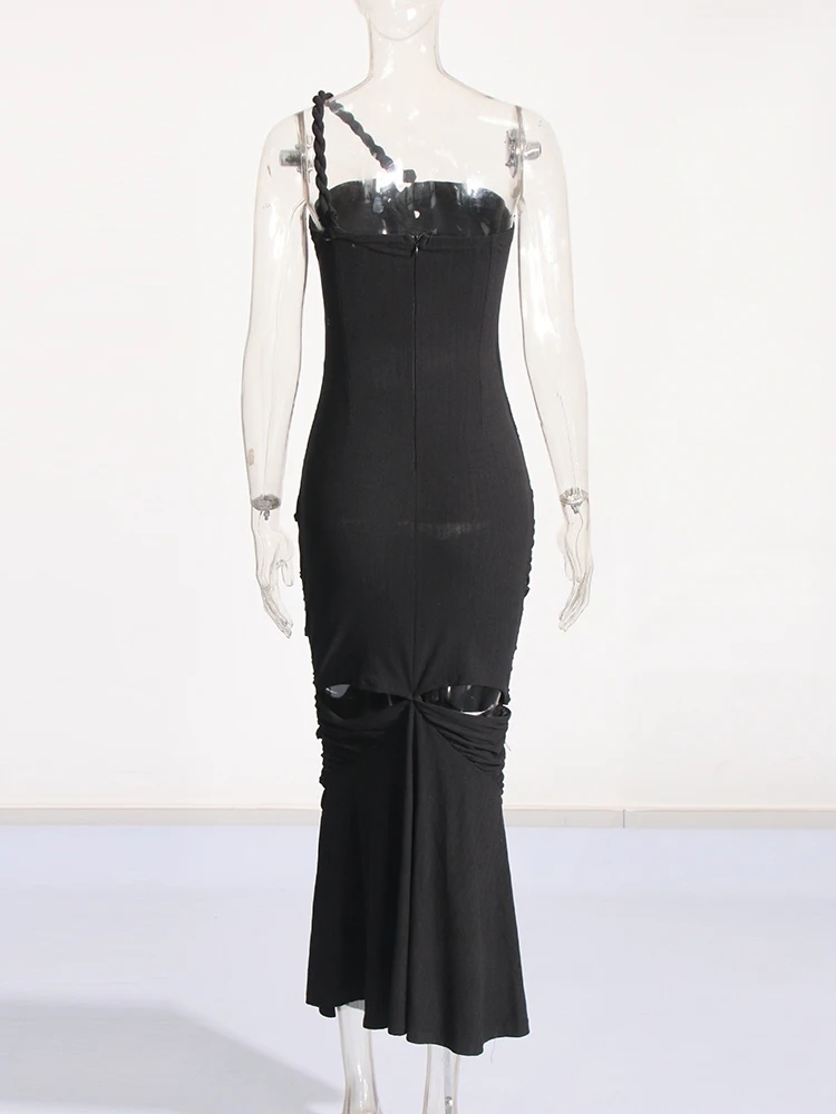 TWOTWINSTYLE Solid Patchwork Drawstring Hollow Out Slimming Sexy Women Dress