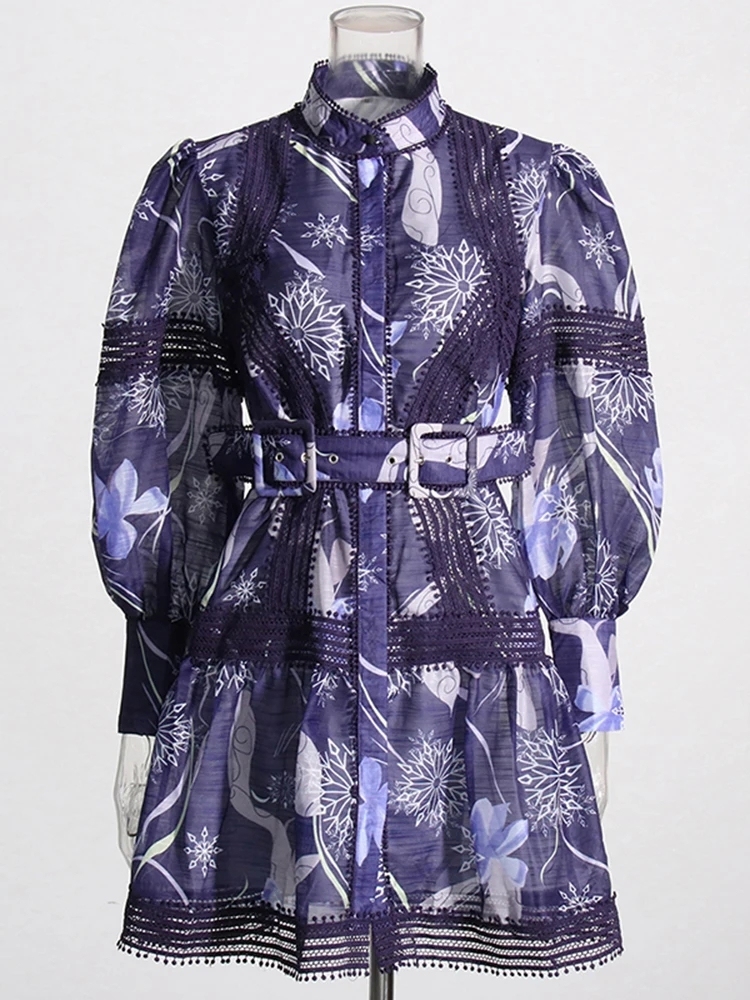 TWOTWINSTYLE Slimming Patchwork Belt Lantern Sleeve Women A Line Dress