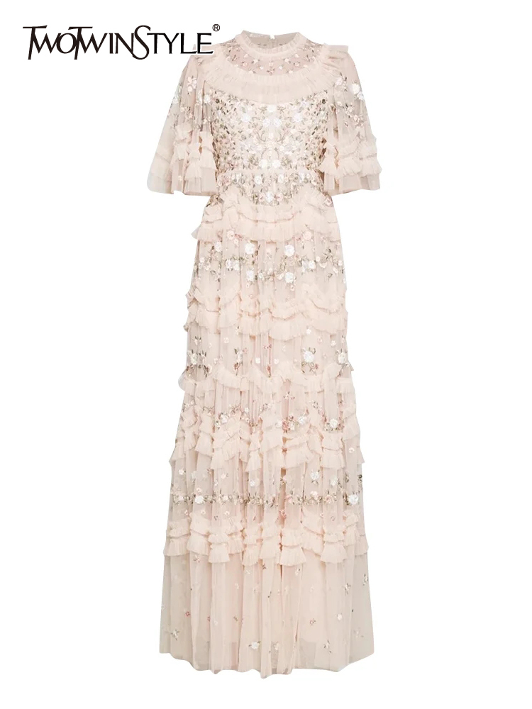 TWOTWINSTYLE Patchwork Sequins Flare Sleeve Temperament Women Dress