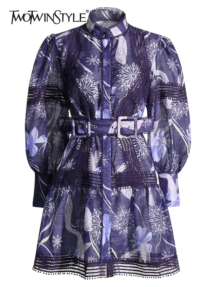 TWOTWINSTYLE Slimming Patchwork Belt Lantern Sleeve Women A Line Dress