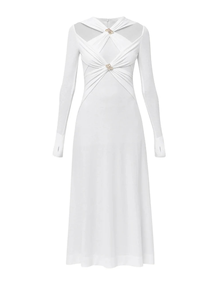TWOTWINSTYLE Solid Hollow Out Minimalist Slimming Women Knitting Dress