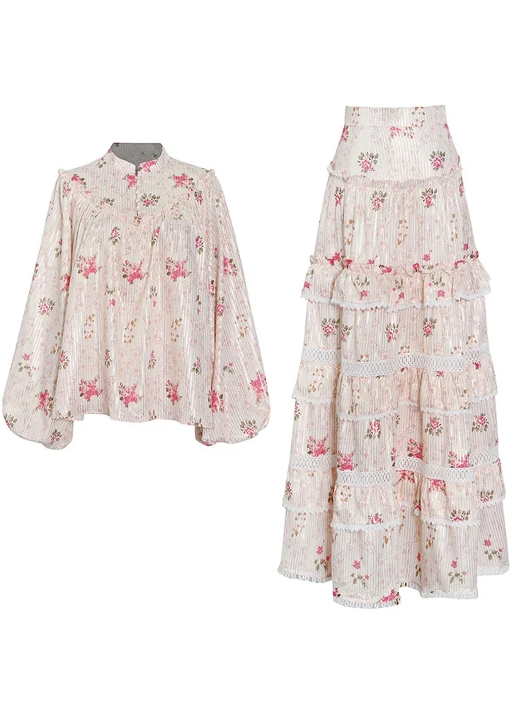 TWOTWINSTYLE Sweet Colorblock Printing Patchwork Lace Women Two Piece Sets