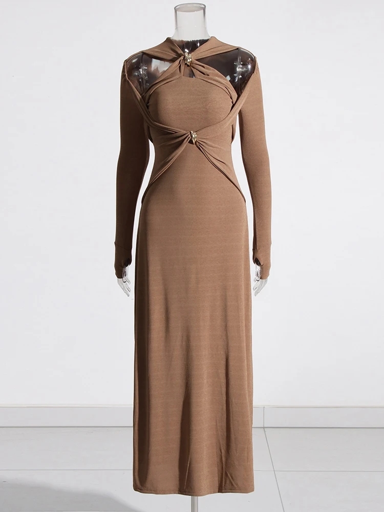 TWOTWINSTYLE Solid Hollow Out Minimalist Slimming Women Knitting Dress