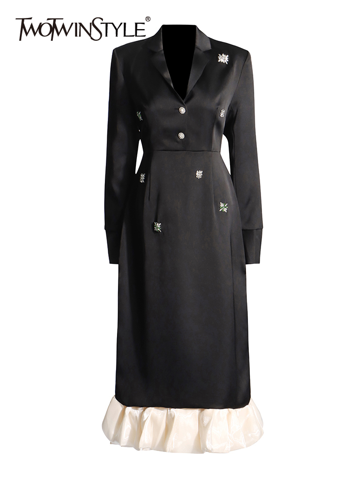 TWOTWINSTYLE Colorblock Temperament Patchwork Ruffles Women Formal Dresses