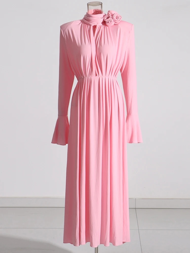 TWOTWINSTYLE Solid Minimalist Patchwork Appliques Flare Sleeve Women Dress