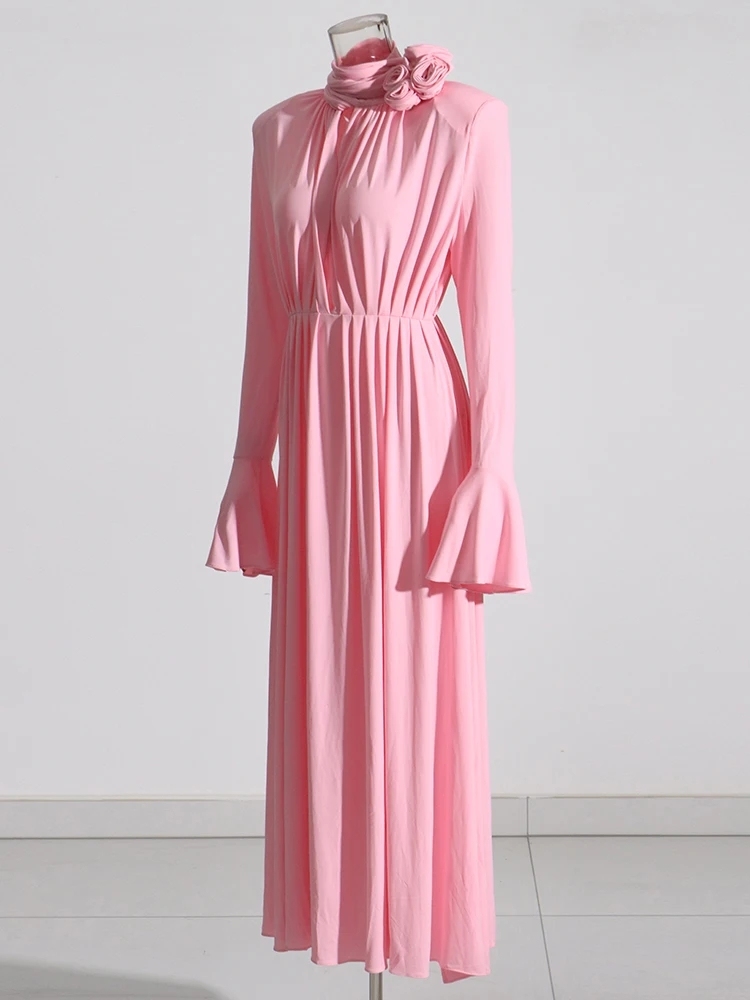 TWOTWINSTYLE Solid Minimalist Patchwork Appliques Flare Sleeve Women Dress