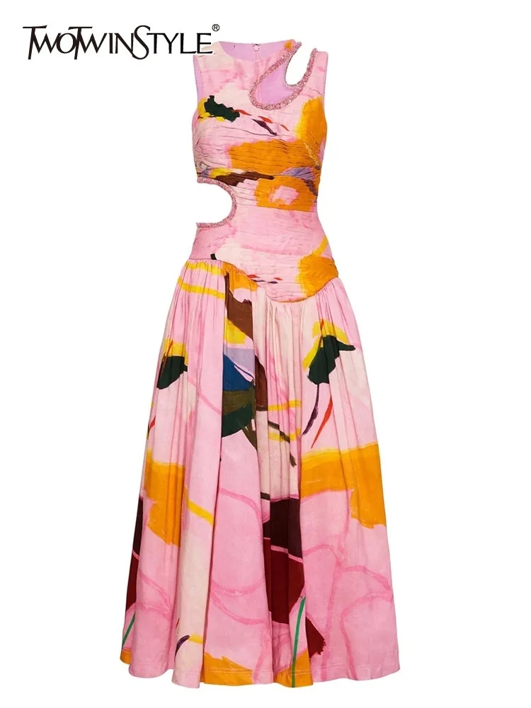 TWOTWINSTYLE Patchwork Folds Hollow Out Temperament Women Dress