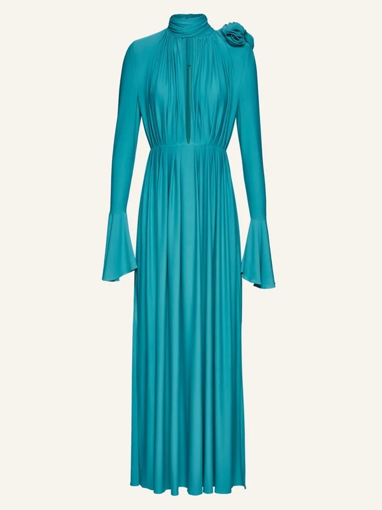 TWOTWINSTYLE Solid Minimalist Patchwork Appliques Flare Sleeve Women Dress