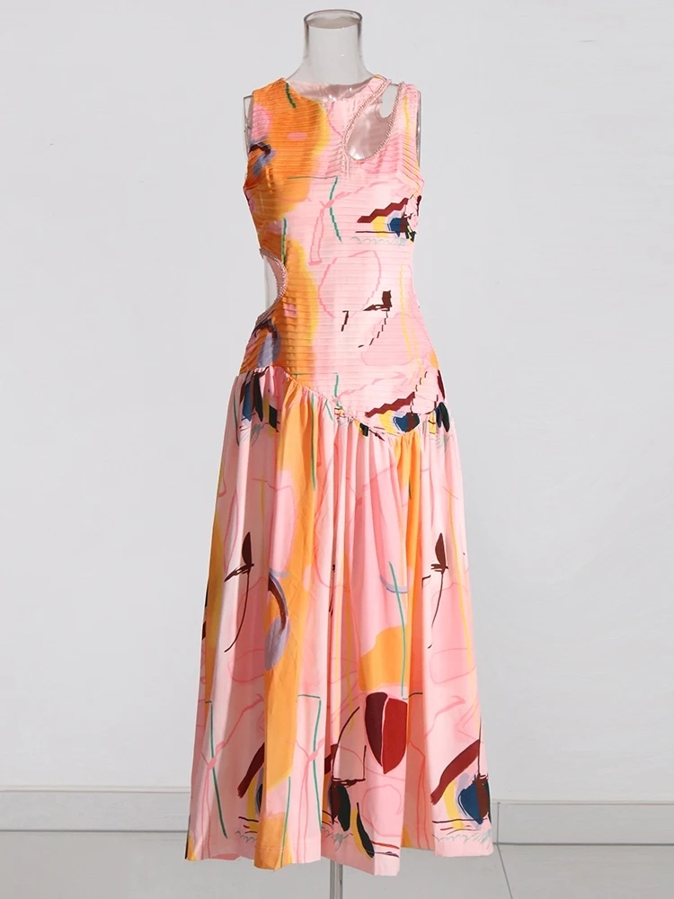 TWOTWINSTYLE Patchwork Folds Hollow Out Temperament Women Dress