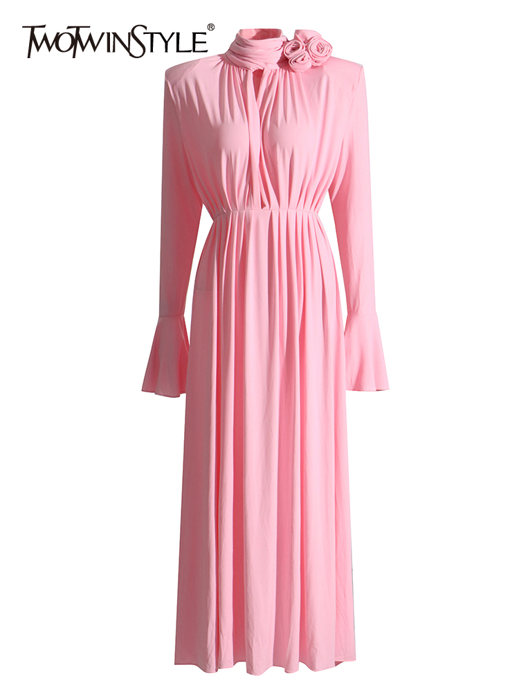 TWOTWINSTYLE Solid Minimalist Patchwork Appliques Flare Sleeve Women Dress
