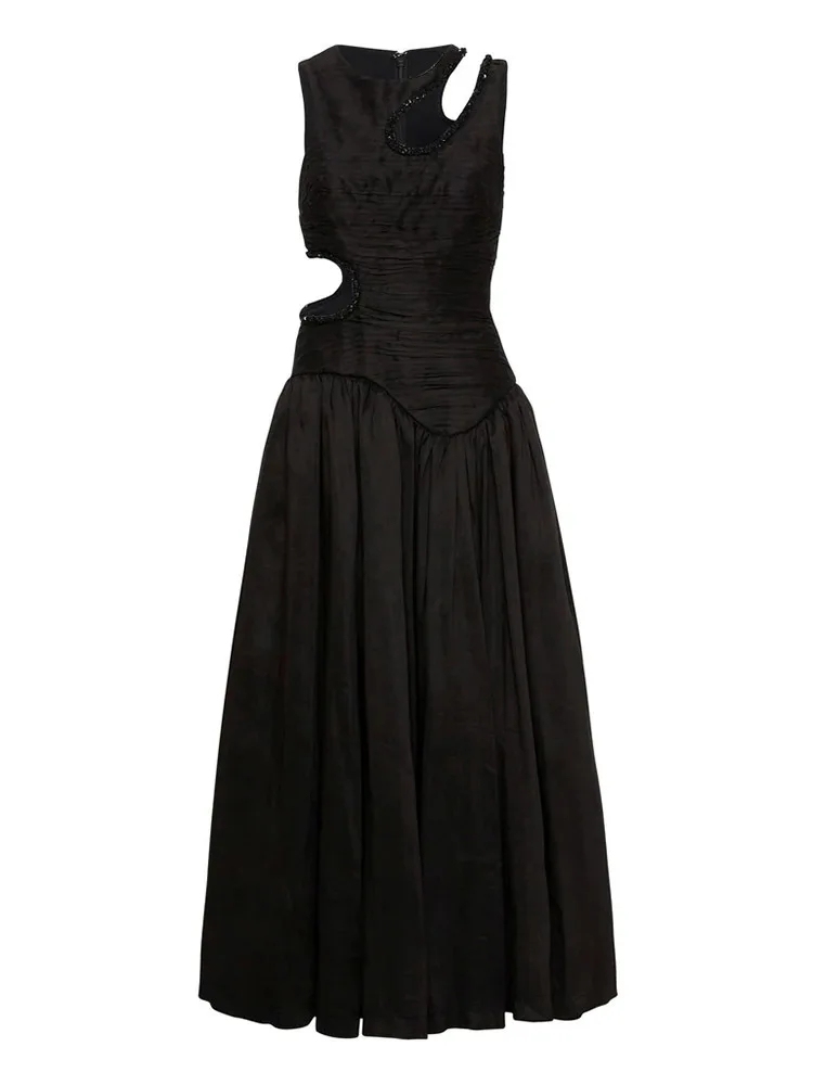 TWOTWINSTYLE Patchwork Folds Hollow Out Temperament Women Dress
