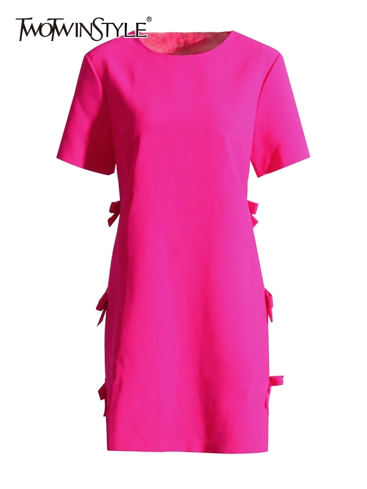 TWOTWINSTYLE Solid Minimalist Patchwork Bowknot Women Dress