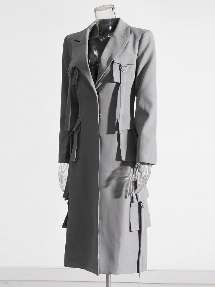 TWOTWINSTYLE Solid Patchwork Pockets Women Slimming Trenches