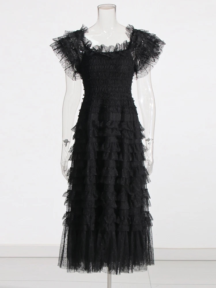 TWOTWINSTYLE Sweet Solid Patchwork Mesh Elegant Women Dress