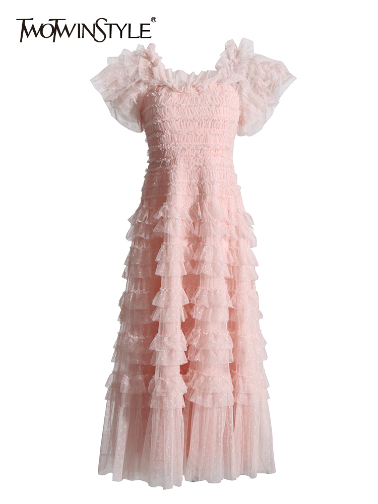 TWOTWINSTYLE Sweet Solid Patchwork Mesh Elegant Women Dress