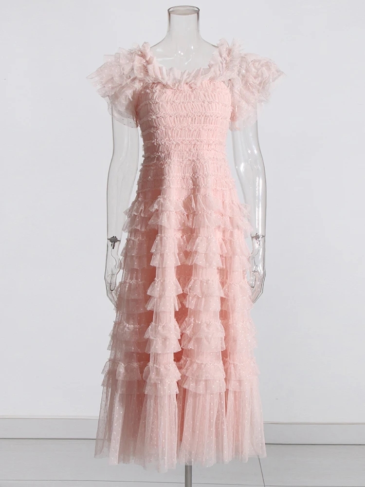 TWOTWINSTYLE Sweet Solid Patchwork Mesh Elegant Women Dress