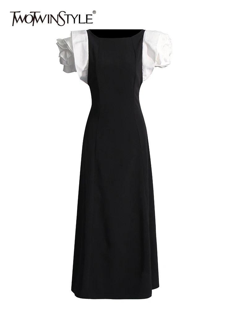 TWOTWINSTYLE Hit Color Patchwork Appliques Casual Women Dress