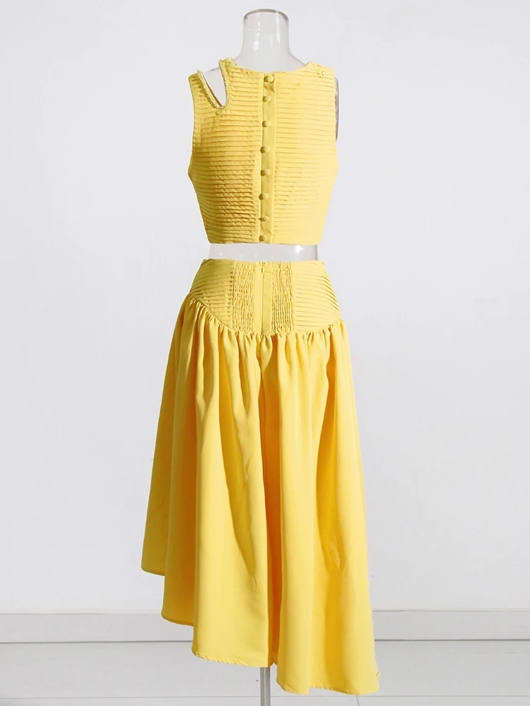 TWOTWINSTYLE Solid Hollow Out Spliced Folds Women Chic Two Piece Sets