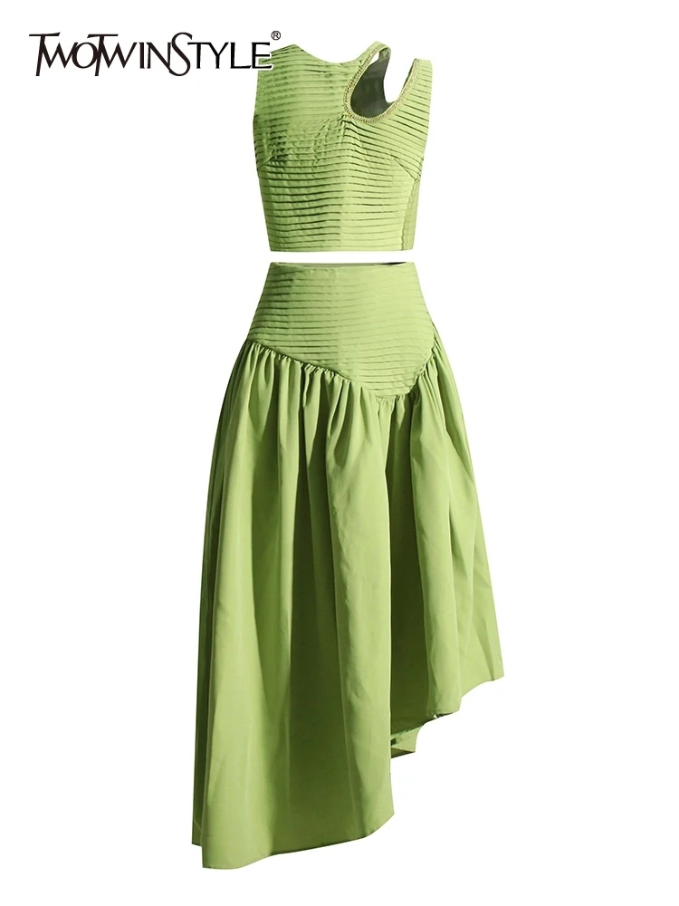 TWOTWINSTYLE Solid Hollow Out Spliced Folds Women Chic Two Piece Sets