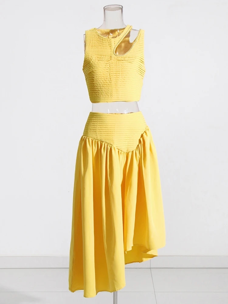 TWOTWINSTYLE Solid Hollow Out Spliced Folds Women Chic Two Piece Sets