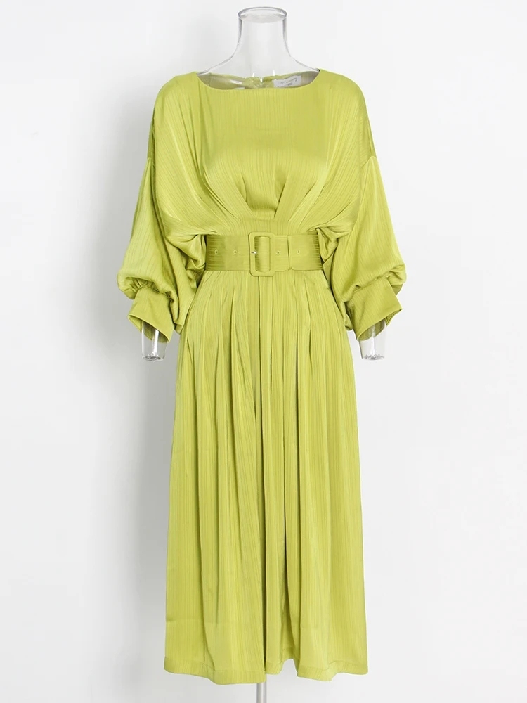 TWOTWINSTYLE Solid Elegant Patchwork Belt Women Temperament Dresses