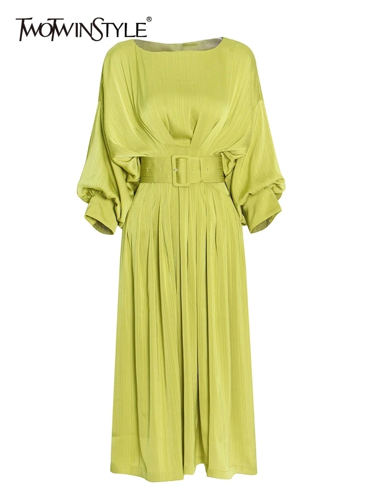 TWOTWINSTYLE Solid Elegant Patchwork Belt Women Temperament Dresses