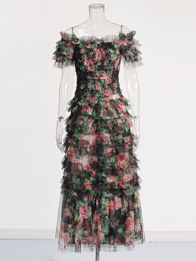 TWOTWINSTYLE Printing Patchwork folds Temperament Women Mesh Dress