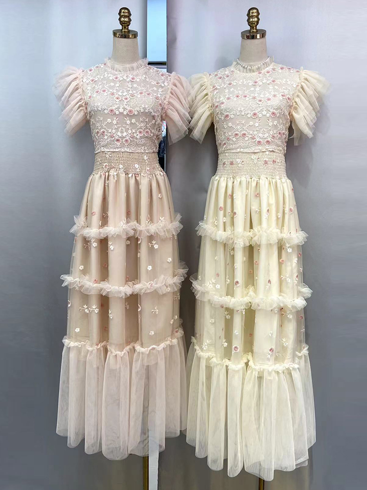 TWOTWINSTYLE Embroidery Patchwork Mesh Flying Sleeve Women Formal Dress New
