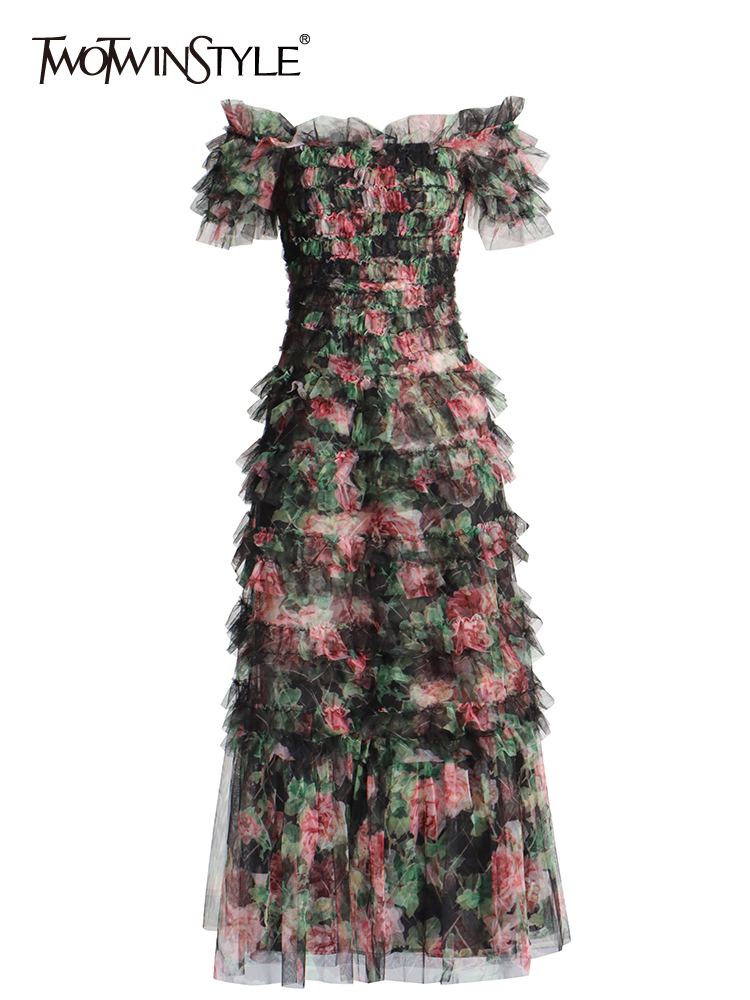 TWOTWINSTYLE Printing Patchwork folds Temperament Women Mesh Dress