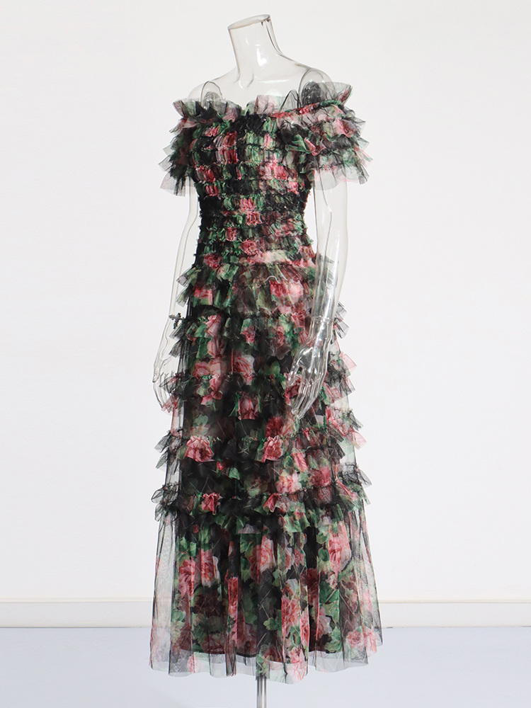 TWOTWINSTYLE Printing Patchwork folds Temperament Women Mesh Dress