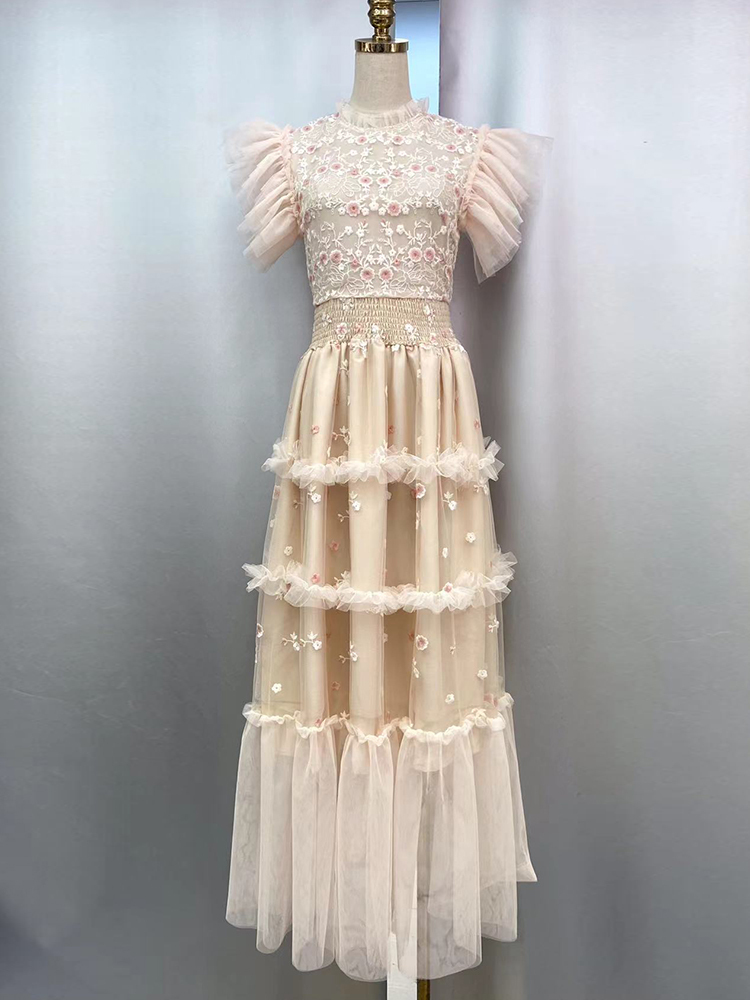 TWOTWINSTYLE Embroidery Patchwork Mesh Flying Sleeve Women Formal Dress New