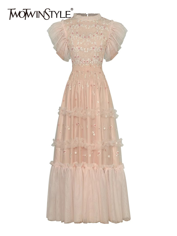 TWOTWINSTYLE Embroidery Patchwork Mesh Flying Sleeve Women Formal Dress New