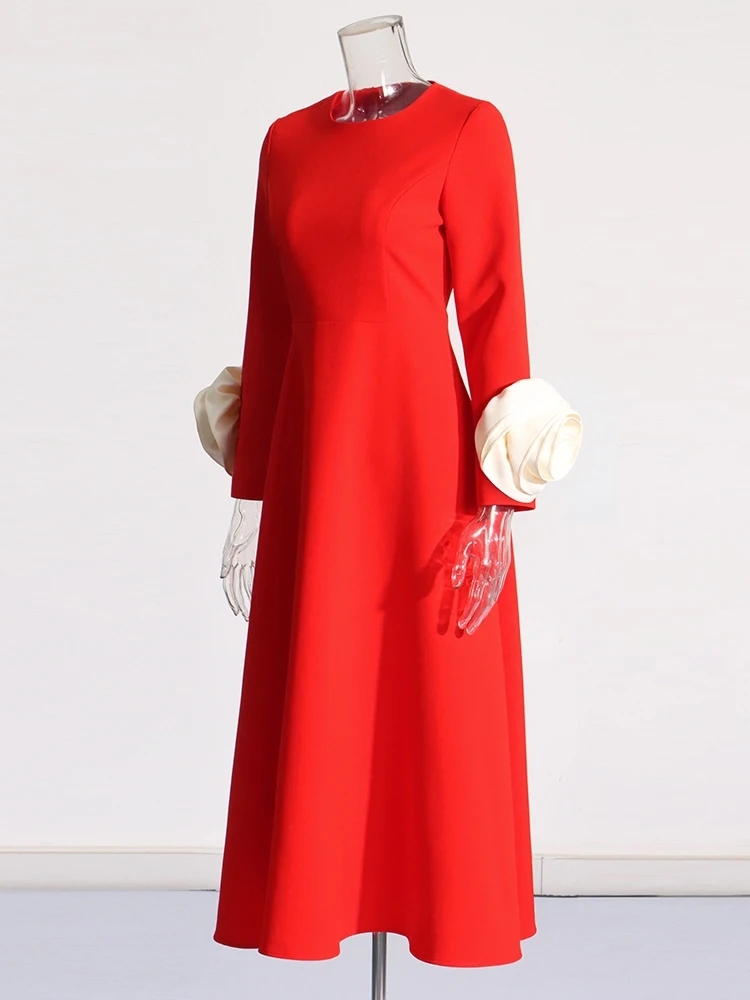 TWOTWINSTYLE Hit Color Patchwork Appliques Women Temperament Dresses