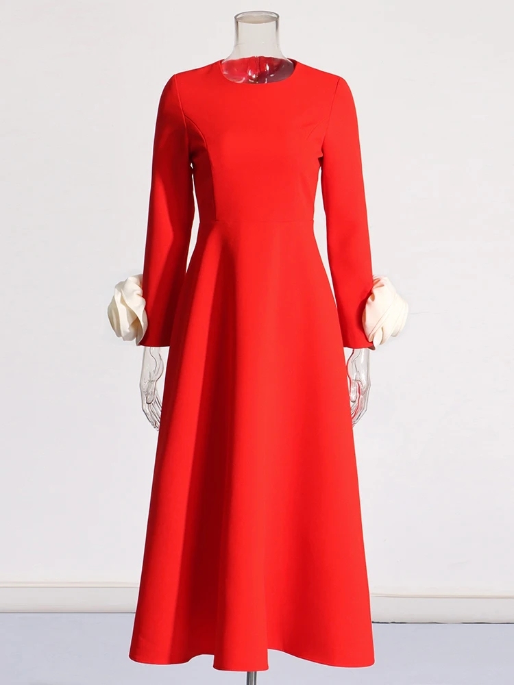 TWOTWINSTYLE Hit Color Patchwork Appliques Women Temperament Dresses
