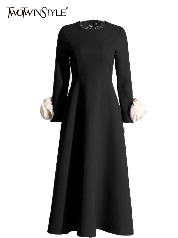 TWOTWINSTYLE Hit Color Patchwork Appliques Women Temperament Dresses