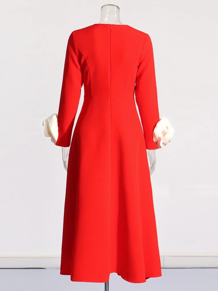 TWOTWINSTYLE Hit Color Patchwork Appliques Women Temperament Dresses