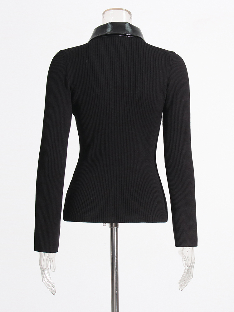 TWOTWINSTYLE Solid Patchwork Leather Knitted Sweater