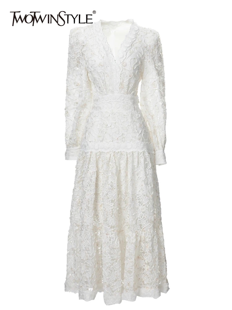 TWOTWINSTYLE Temperament Embroidery Spliced Lace Women Formal Dresses