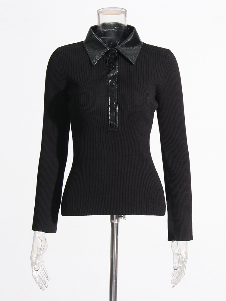 TWOTWINSTYLE Solid Patchwork Leather Knitted Sweater