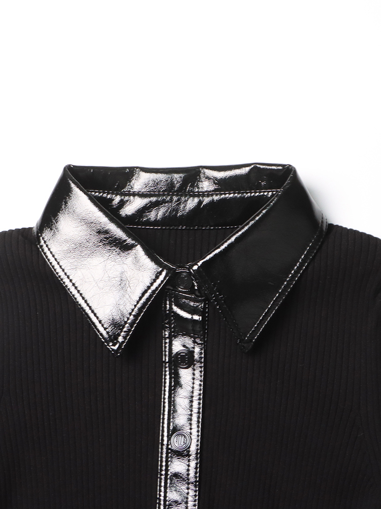 TWOTWINSTYLE Solid Patchwork Leather Knitted Sweater