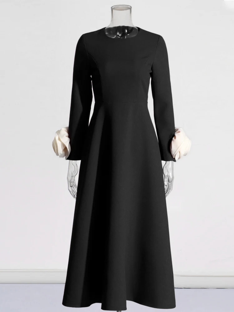 TWOTWINSTYLE Hit Color Patchwork Appliques Women Temperament Dresses
