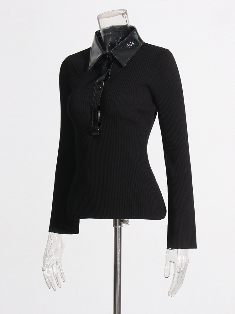 TWOTWINSTYLE Solid Patchwork Leather Knitted Sweater