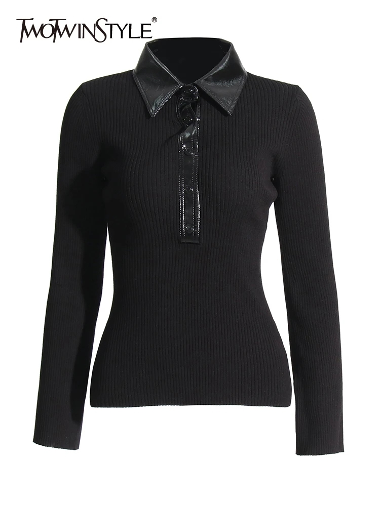 TWOTWINSTYLE Solid Patchwork Leather Knitted Sweater