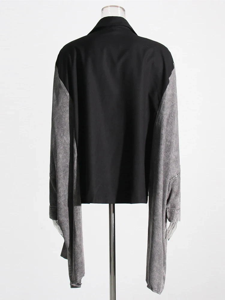 TWOTWINSTYLE Hit Color Jacket For Women Lapel Batwing Sleeve Patchwork Single Breasted Bat Sleeved Loose Jackets Female Autumn